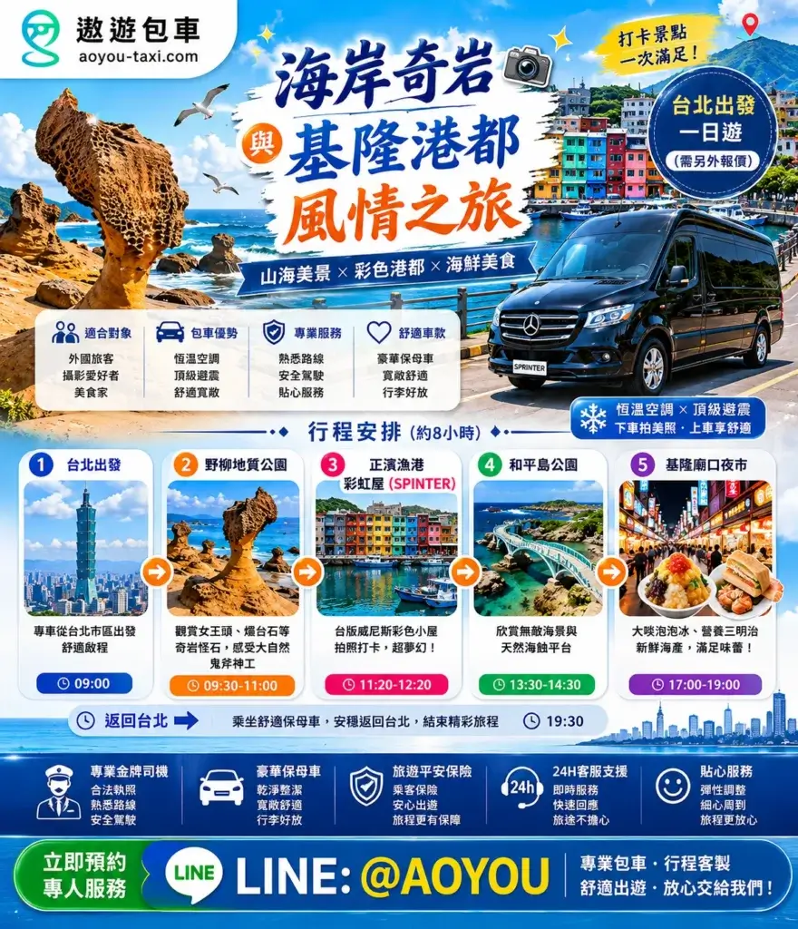 台北包車旅遊推薦：野柳地質公園女王頭與基隆正濱漁港彩虹屋，遨遊包車頂級豪華保母車一日遊